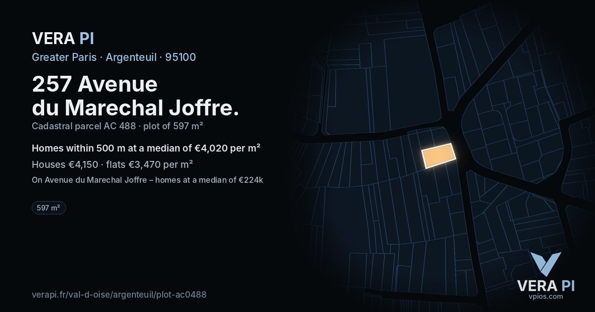 257 Avenue du Marechal Joffre, Argenteuil at night – the plot lit, the parcels around coloured by the prices near them