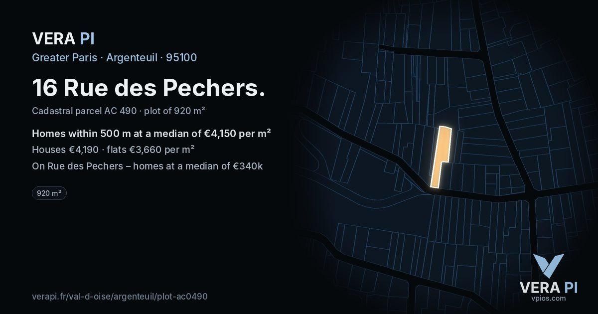 16 Rue des Pechers, Argenteuil at night – the plot lit, the parcels around coloured by the prices near them