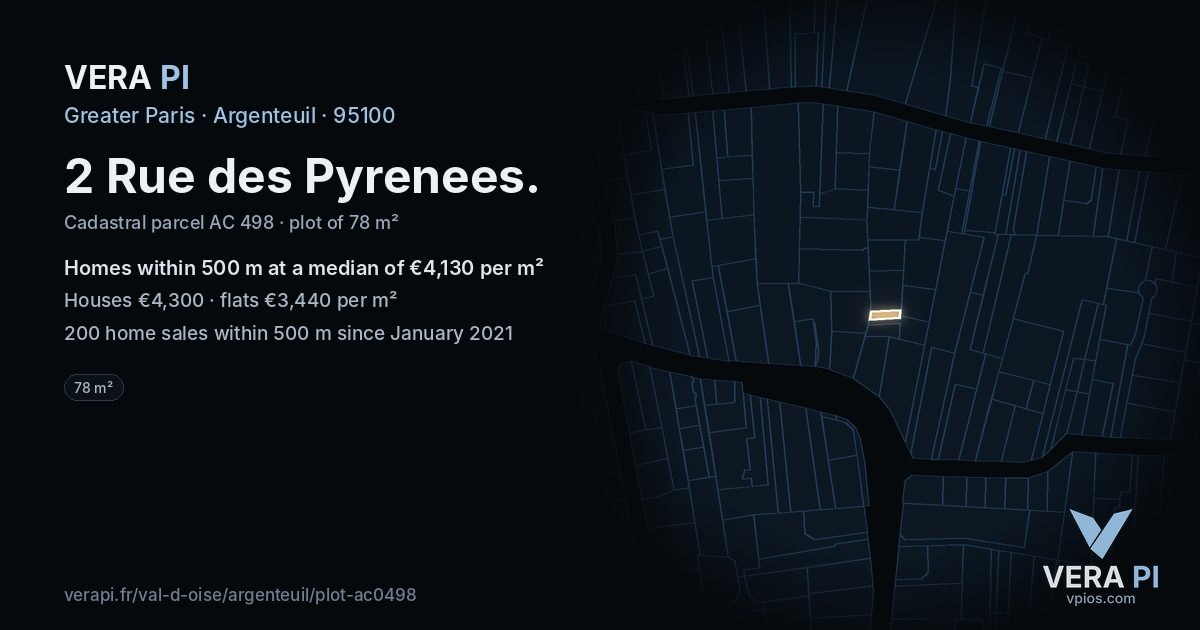 2 Rue des Pyrenees, Argenteuil at night – the plot lit, the parcels around coloured by the prices near them