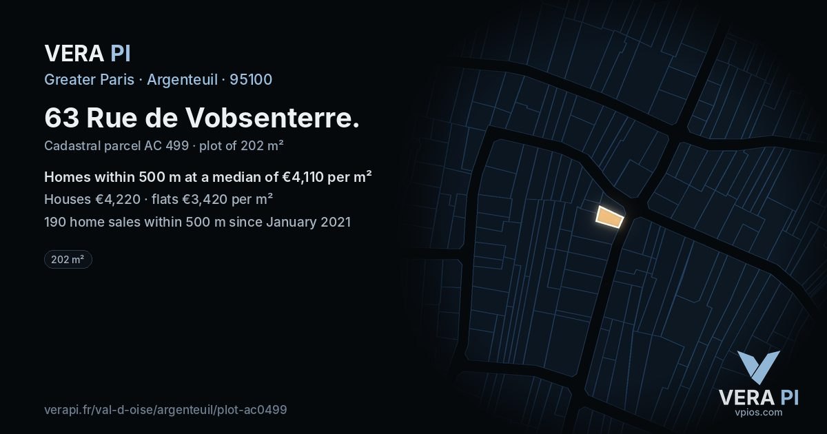 63 Rue de Vobsenterre, Argenteuil at night – the plot lit, the parcels around coloured by the prices near them