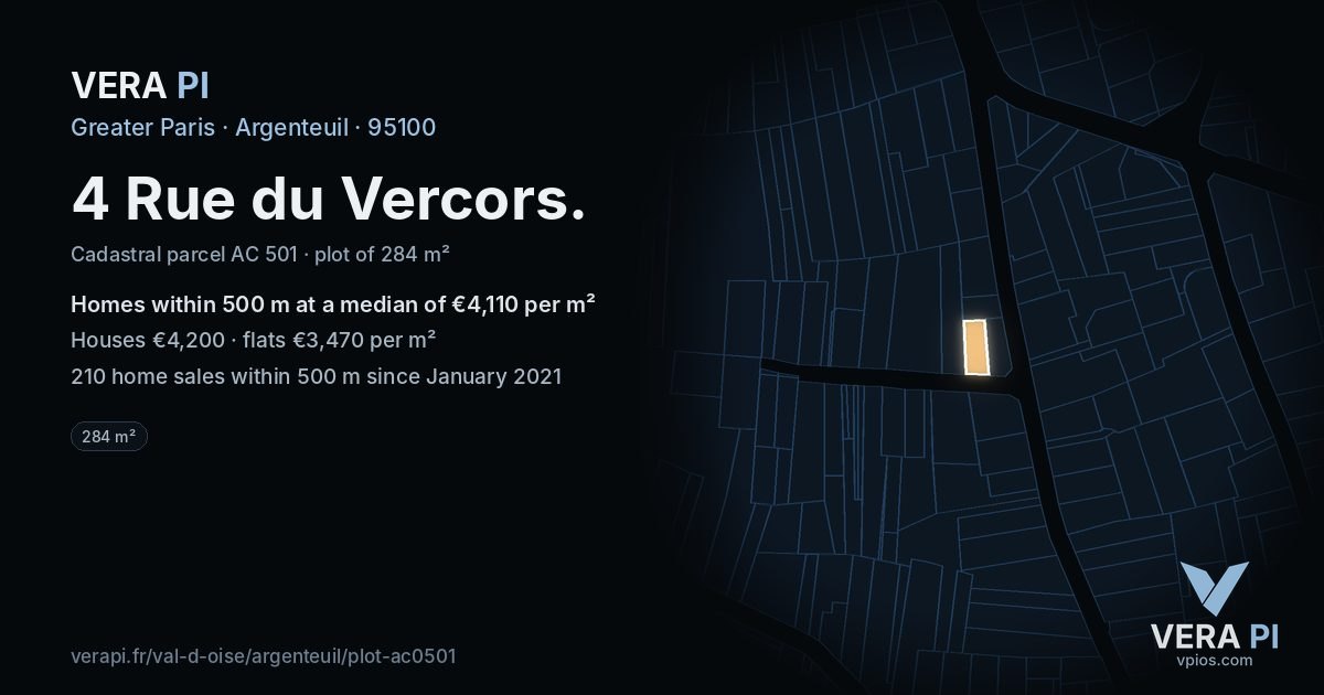 4 Rue du Vercors, Argenteuil at night – the plot lit, the parcels around coloured by the prices near them