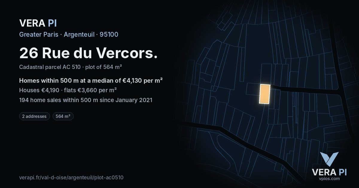 26 Rue du Vercors, Argenteuil at night – the plot lit, the parcels around coloured by the prices near them