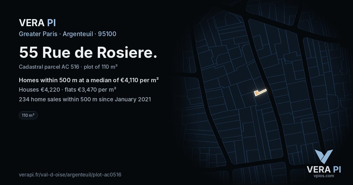 55 Rue de Rosiere, Argenteuil at night – the plot lit, the parcels around coloured by the prices near them