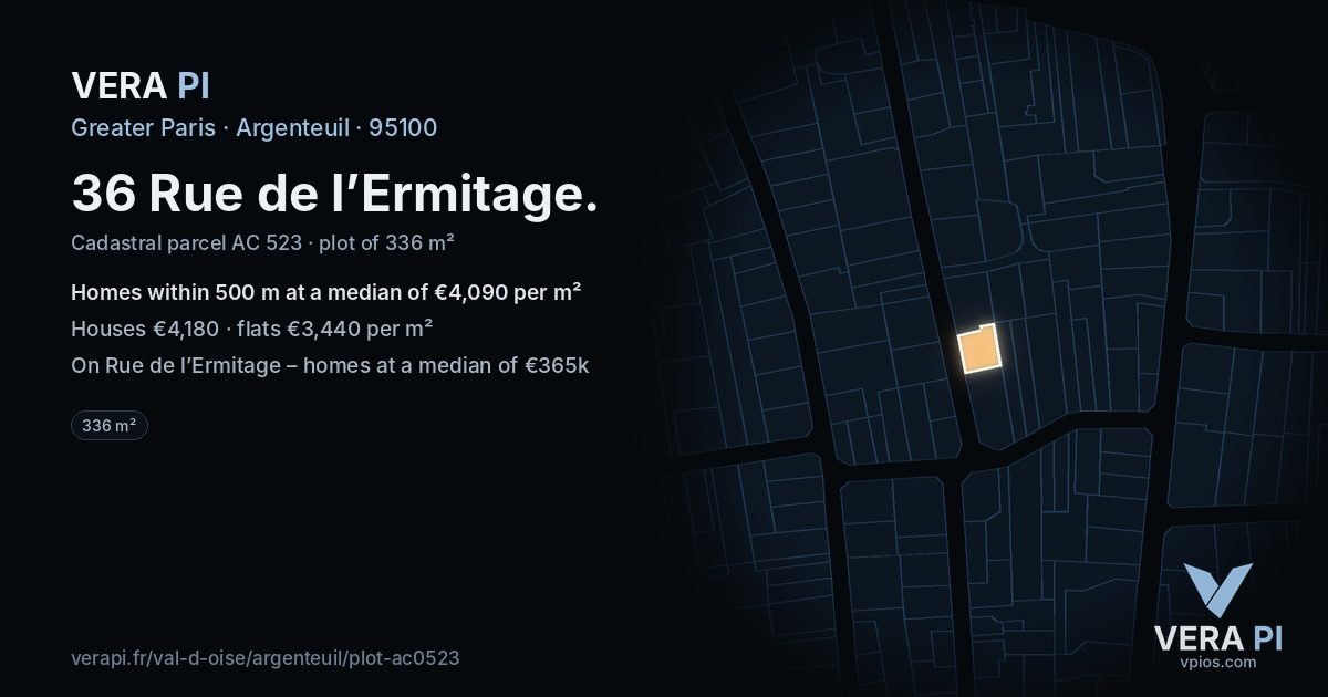 36 Rue de l’Ermitage, Argenteuil at night – the plot lit, the parcels around coloured by the prices near them