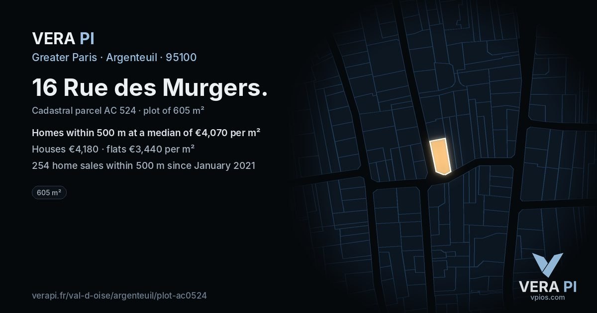 16 Rue des Murgers, Argenteuil at night – the plot lit, the parcels around coloured by the prices near them