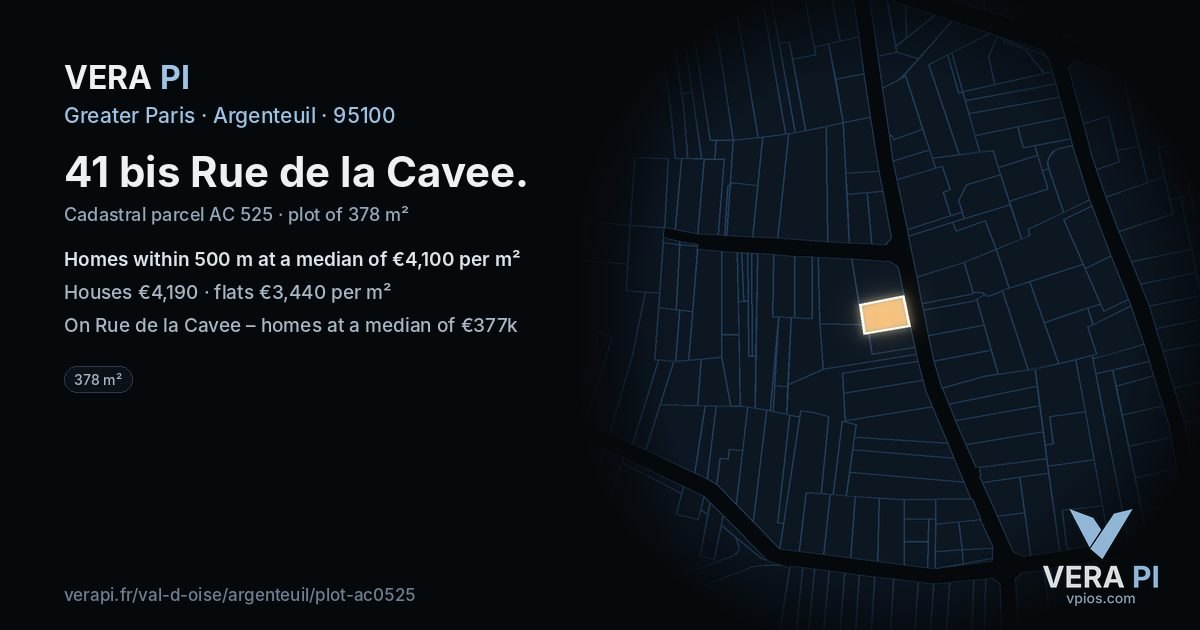 41 bis Rue de la Cavee, Argenteuil at night – the plot lit, the parcels around coloured by the prices near them