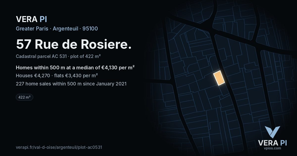 57 Rue de Rosiere, Argenteuil at night – the plot lit, the parcels around coloured by the prices near them