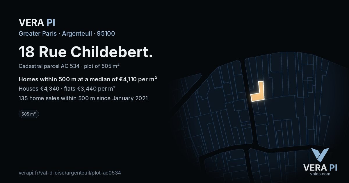18 Rue Childebert, Argenteuil at night – the plot lit, the parcels around coloured by the prices near them