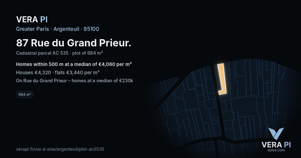 87 Rue du Grand Prieur, Argenteuil at night – the plot lit, the parcels around coloured by the prices near them