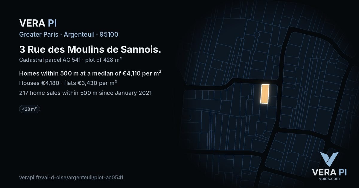 3 Rue des Moulins de Sannois, Argenteuil at night – the plot lit, the parcels around coloured by the prices near them