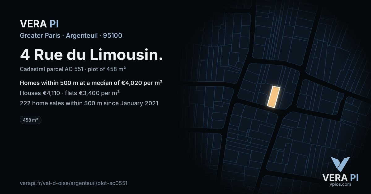 4 Rue du Limousin, Argenteuil at night – the plot lit, the parcels around coloured by the prices near them