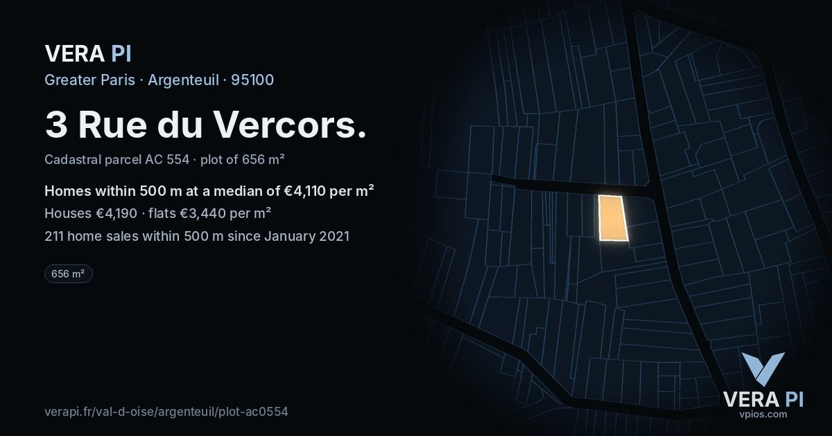 3 Rue du Vercors, Argenteuil at night – the plot lit, the parcels around coloured by the prices near them