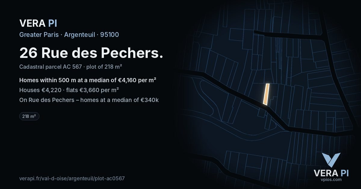 26 Rue des Pechers, Argenteuil at night – the plot lit, the parcels around coloured by the prices near them
