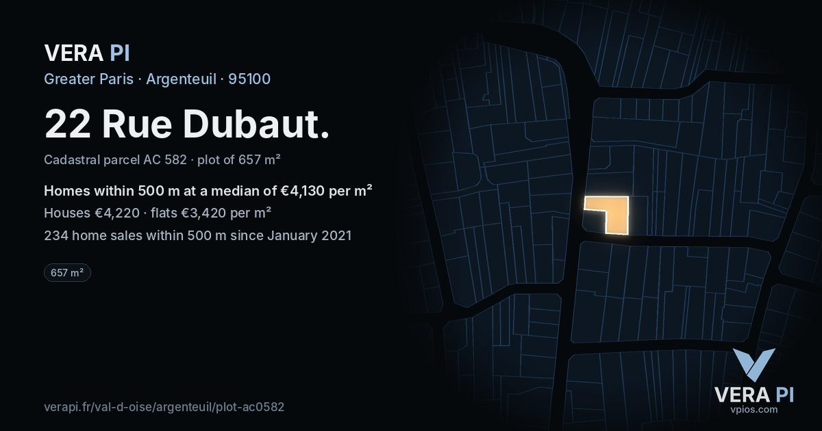22 Rue Dubaut, Argenteuil at night – the plot lit, the parcels around coloured by the prices near them