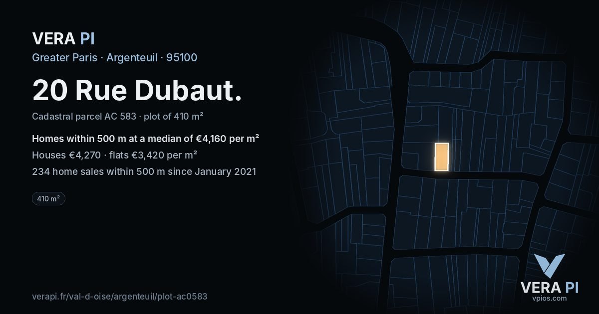 20 Rue Dubaut, Argenteuil at night – the plot lit, the parcels around coloured by the prices near them