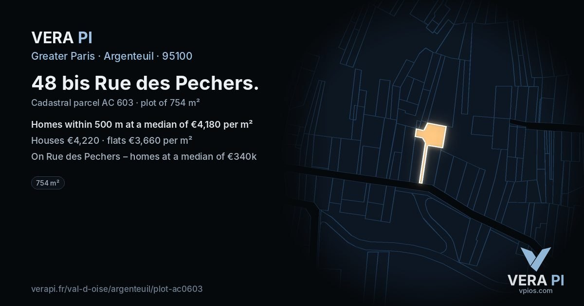 48 bis Rue des Pechers, Argenteuil at night – the plot lit, the parcels around coloured by the prices near them