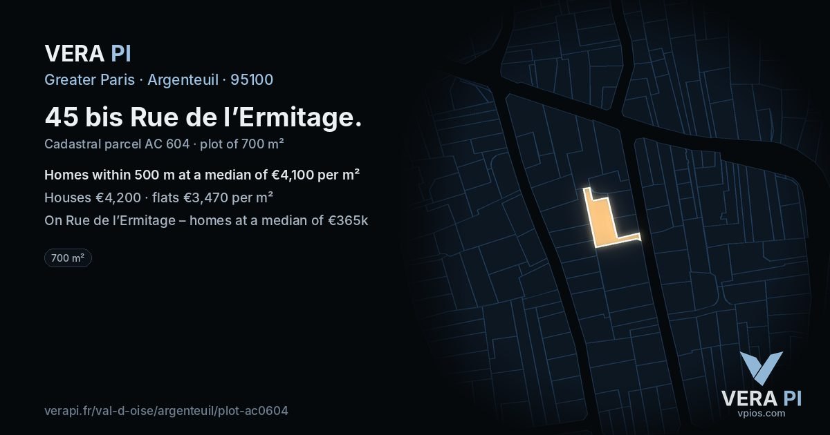 45 bis Rue de l’Ermitage, Argenteuil at night – the plot lit, the parcels around coloured by the prices near them