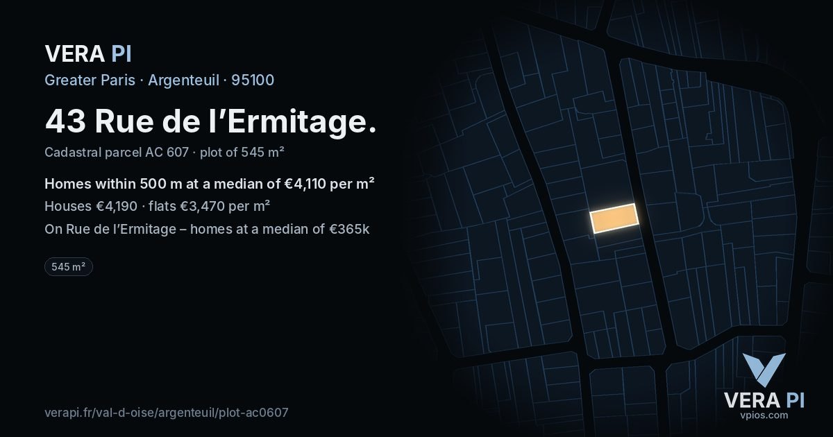 43 Rue de l’Ermitage, Argenteuil at night – the plot lit, the parcels around coloured by the prices near them