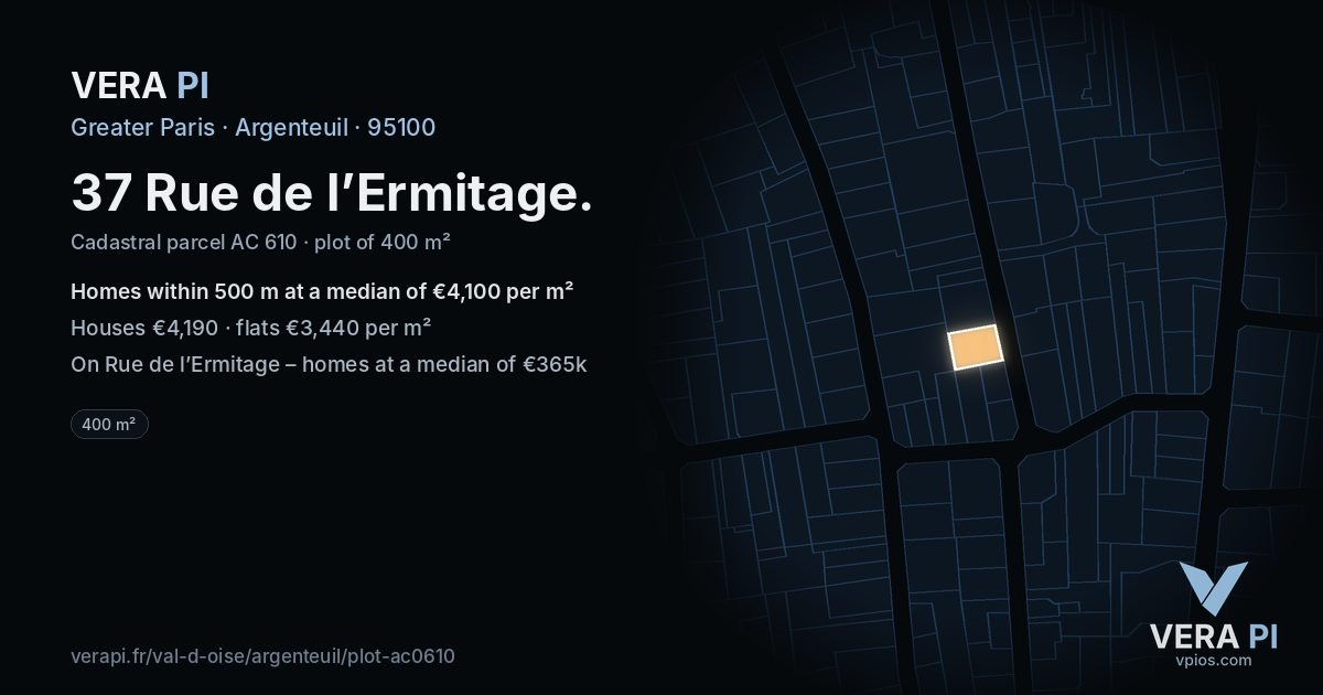 37 Rue de l’Ermitage, Argenteuil at night – the plot lit, the parcels around coloured by the prices near them