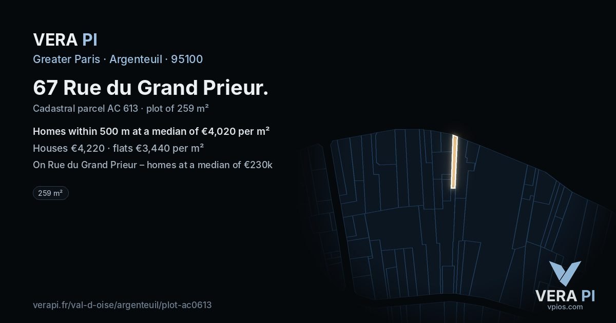 67 Rue du Grand Prieur, Argenteuil at night – the plot lit, the parcels around coloured by the prices near them
