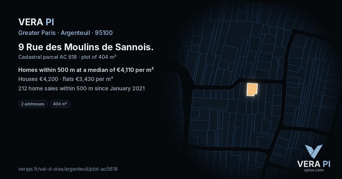 9 Rue des Moulins de Sannois, Argenteuil at night – the plot lit, the parcels around coloured by the prices near them