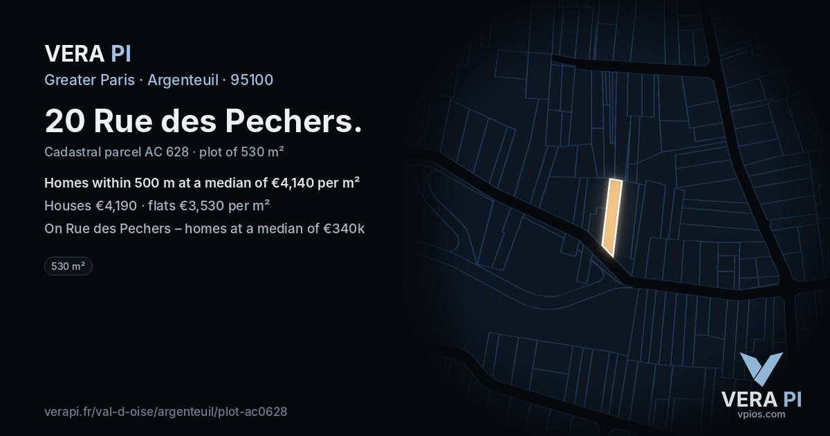 20 Rue des Pechers, Argenteuil at night – the plot lit, the parcels around coloured by the prices near them