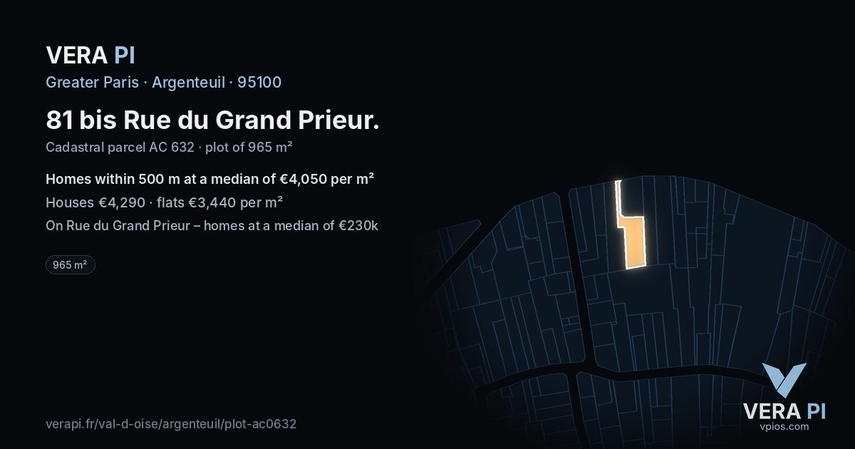 81 bis Rue du Grand Prieur, Argenteuil at night – the plot lit, the parcels around coloured by the prices near them