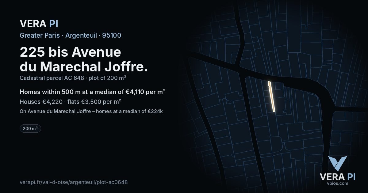 225 bis Avenue du Marechal Joffre, Argenteuil at night – the plot lit, the parcels around coloured by the prices near them