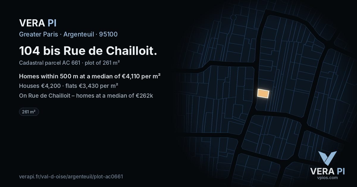 104 bis Rue de Chailloit, Argenteuil at night – the plot lit, the parcels around coloured by the prices near them
