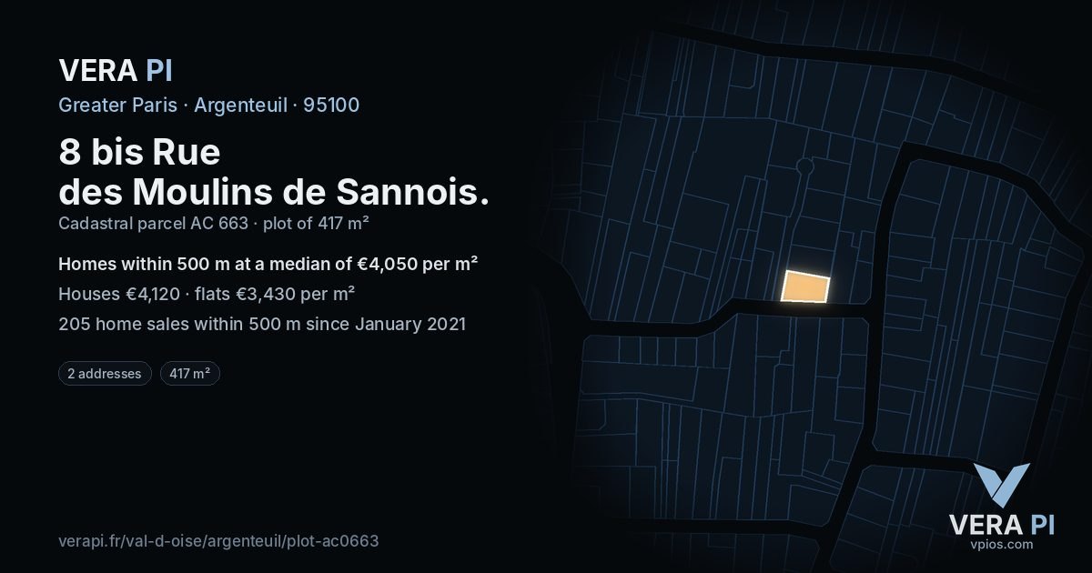 8 bis Rue des Moulins de Sannois, Argenteuil at night – the plot lit, the parcels around coloured by the prices near them