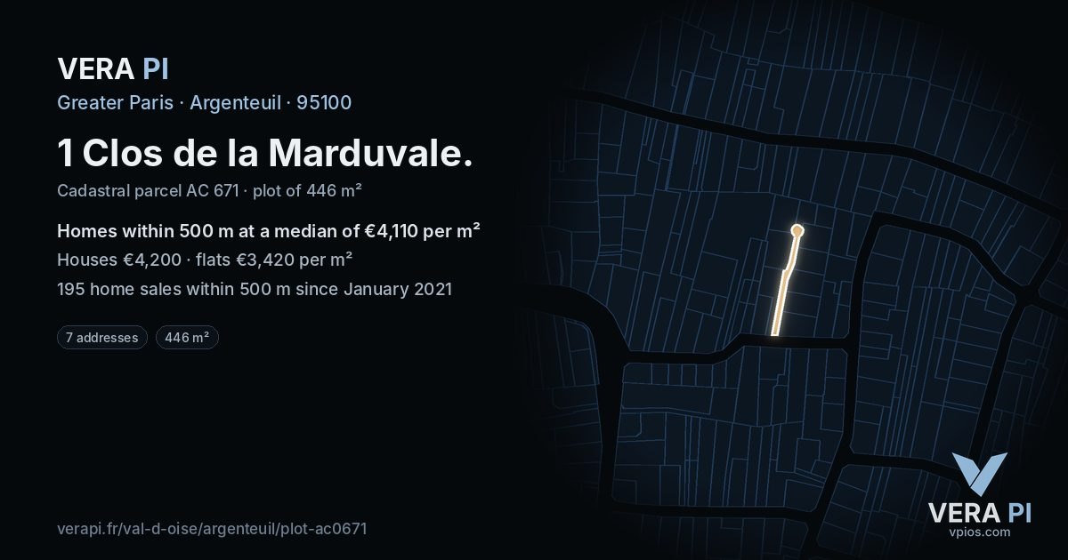 1 Clos de la Marduvale, Argenteuil at night – the plot lit, the parcels around coloured by the prices near them