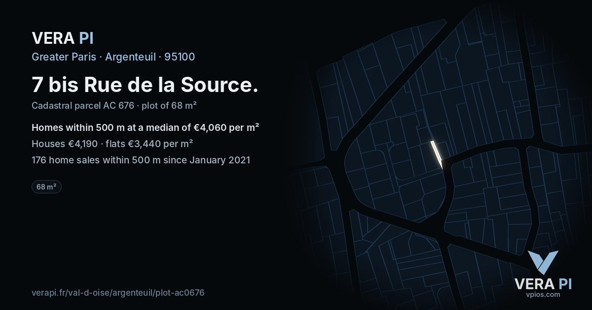 7 bis Rue de la Source, Argenteuil at night – the plot lit, the parcels around coloured by the prices near them