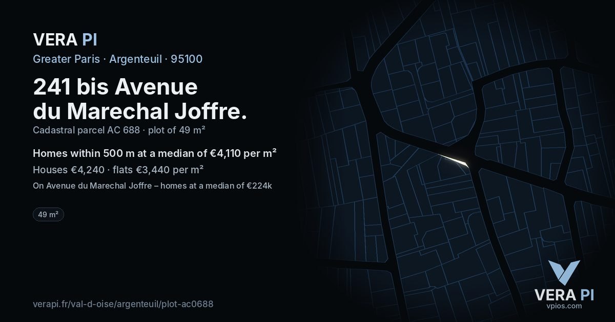 241 bis Avenue du Marechal Joffre, Argenteuil at night – the plot lit, the parcels around coloured by the prices near them