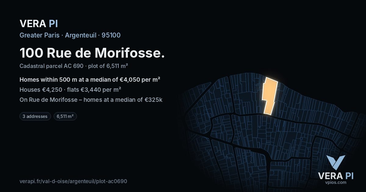 100 Rue de Morifosse, Argenteuil at night – the plot lit, the parcels around coloured by the prices near them