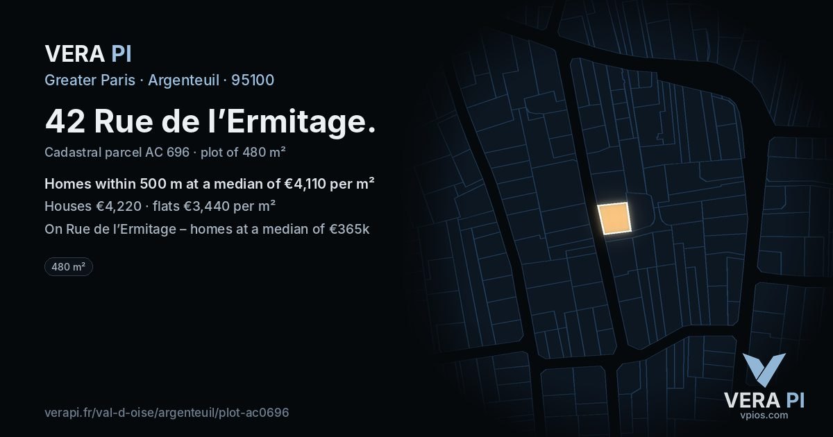 42 Rue de l’Ermitage, Argenteuil at night – the plot lit, the parcels around coloured by the prices near them