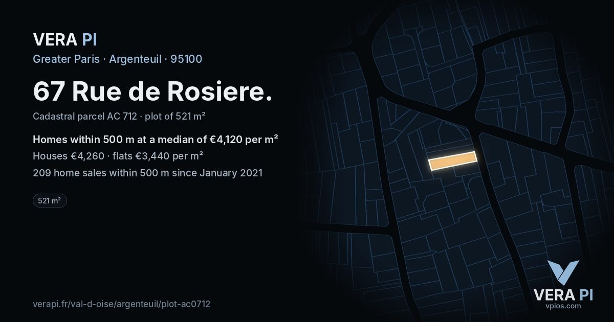 67 Rue de Rosiere, Argenteuil at night – the plot lit, the parcels around coloured by the prices near them