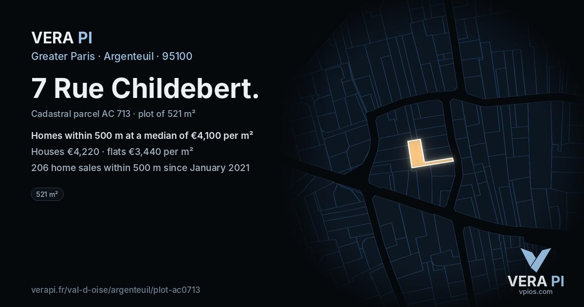 7 Rue Childebert, Argenteuil at night – the plot lit, the parcels around coloured by the prices near them