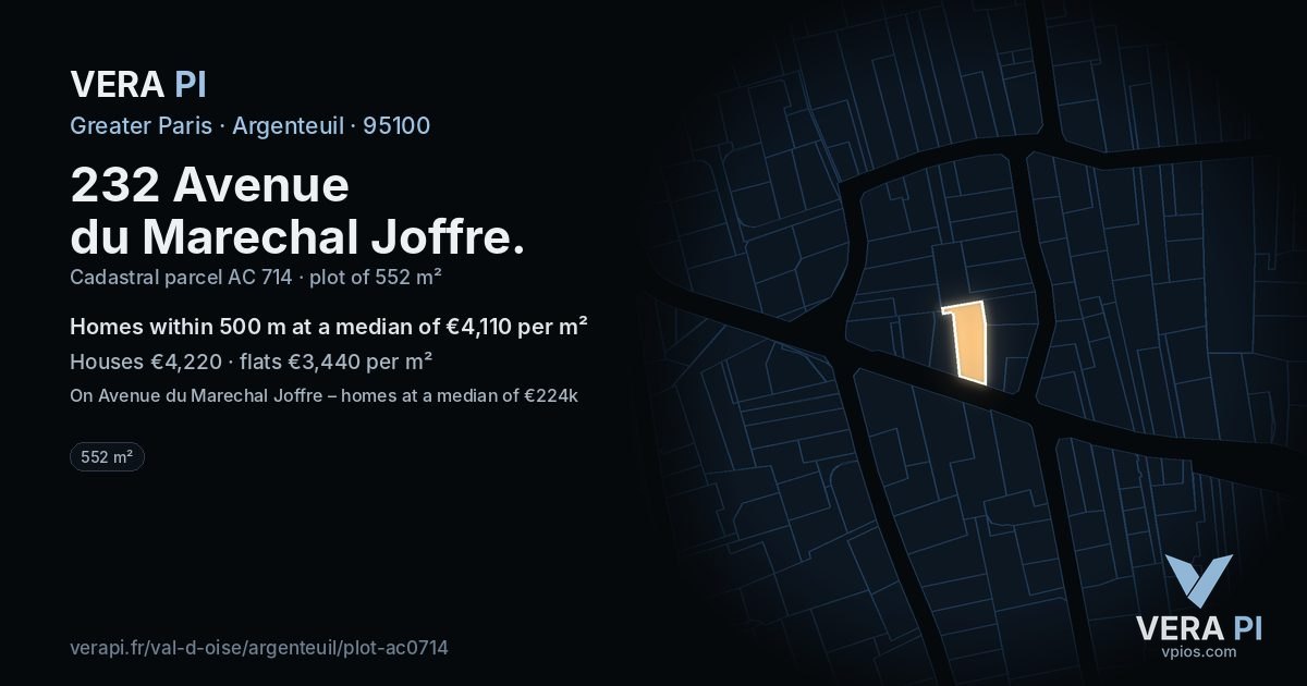 232 Avenue du Marechal Joffre, Argenteuil at night – the plot lit, the parcels around coloured by the prices near them