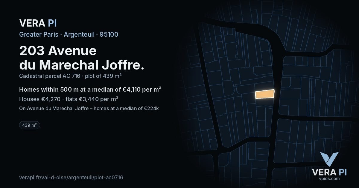 203 Avenue du Marechal Joffre, Argenteuil at night – the plot lit, the parcels around coloured by the prices near them