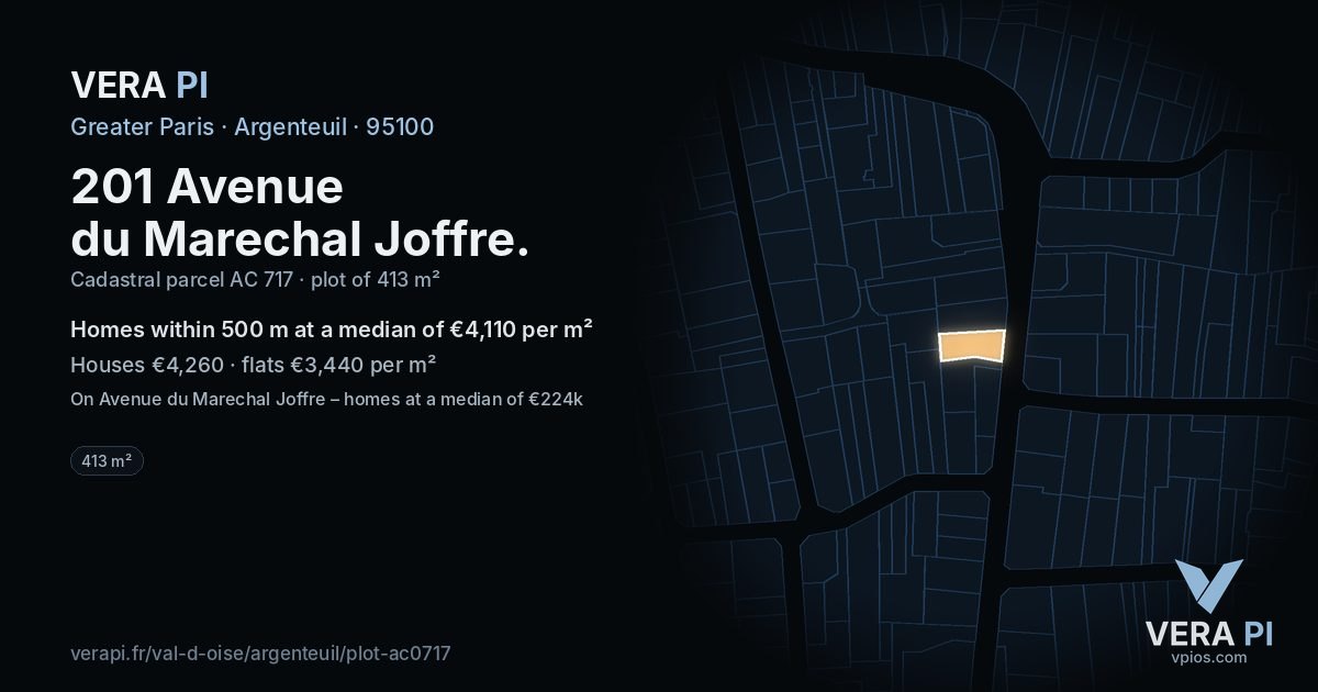 201 Avenue du Marechal Joffre, Argenteuil at night – the plot lit, the parcels around coloured by the prices near them