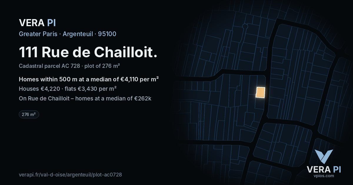111 Rue de Chailloit, Argenteuil at night – the plot lit, the parcels around coloured by the prices near them