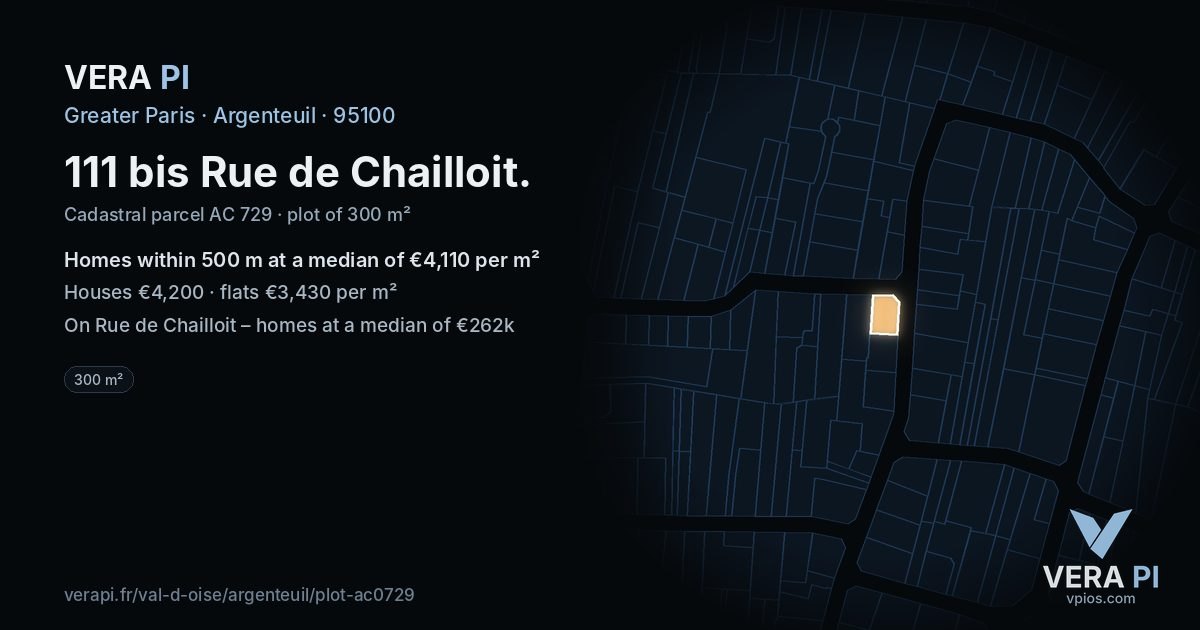 111 bis Rue de Chailloit, Argenteuil at night – the plot lit, the parcels around coloured by the prices near them