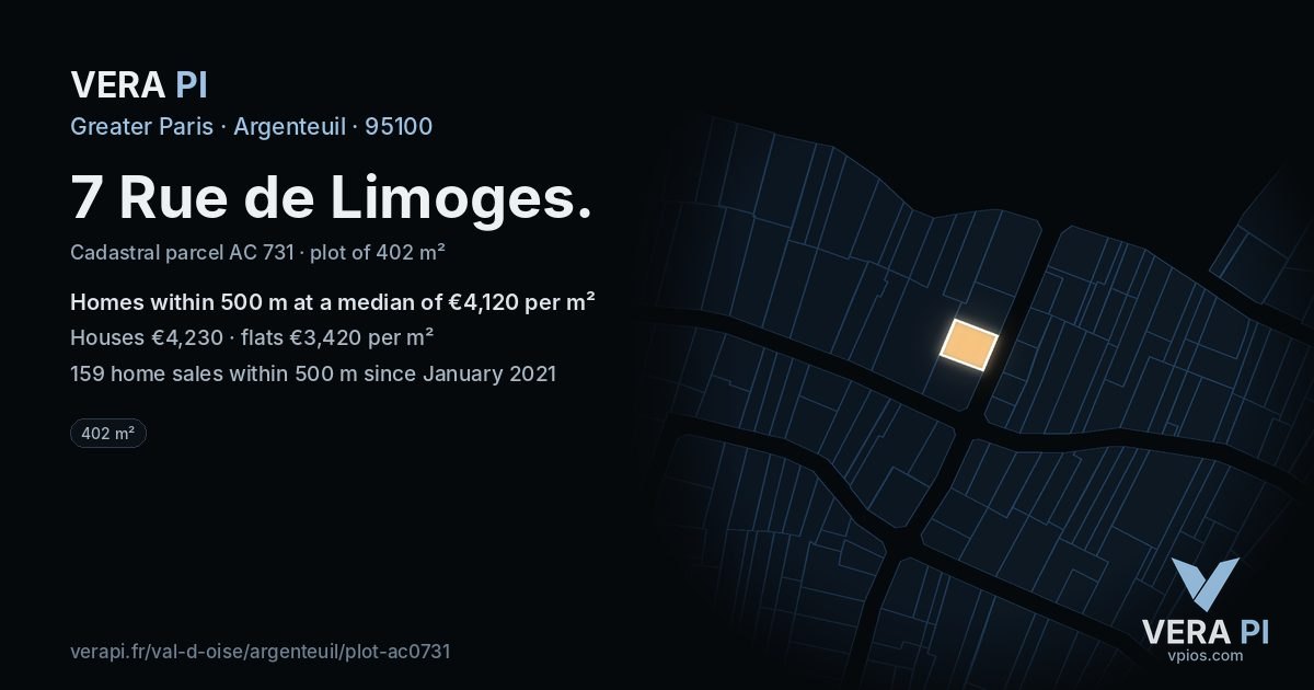 7 Rue de Limoges, Argenteuil at night – the plot lit, the parcels around coloured by the prices near them