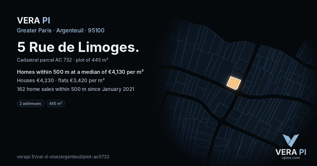 5 Rue de Limoges, Argenteuil at night – the plot lit, the parcels around coloured by the prices near them