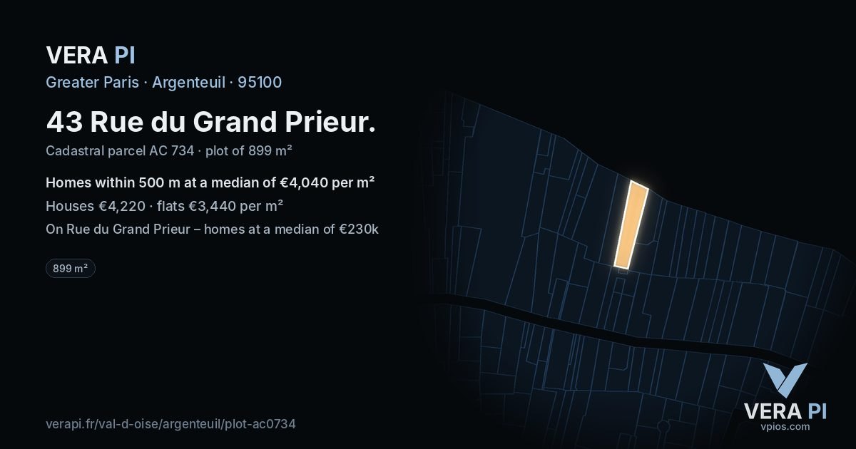 43 Rue du Grand Prieur, Argenteuil at night – the plot lit, the parcels around coloured by the prices near them