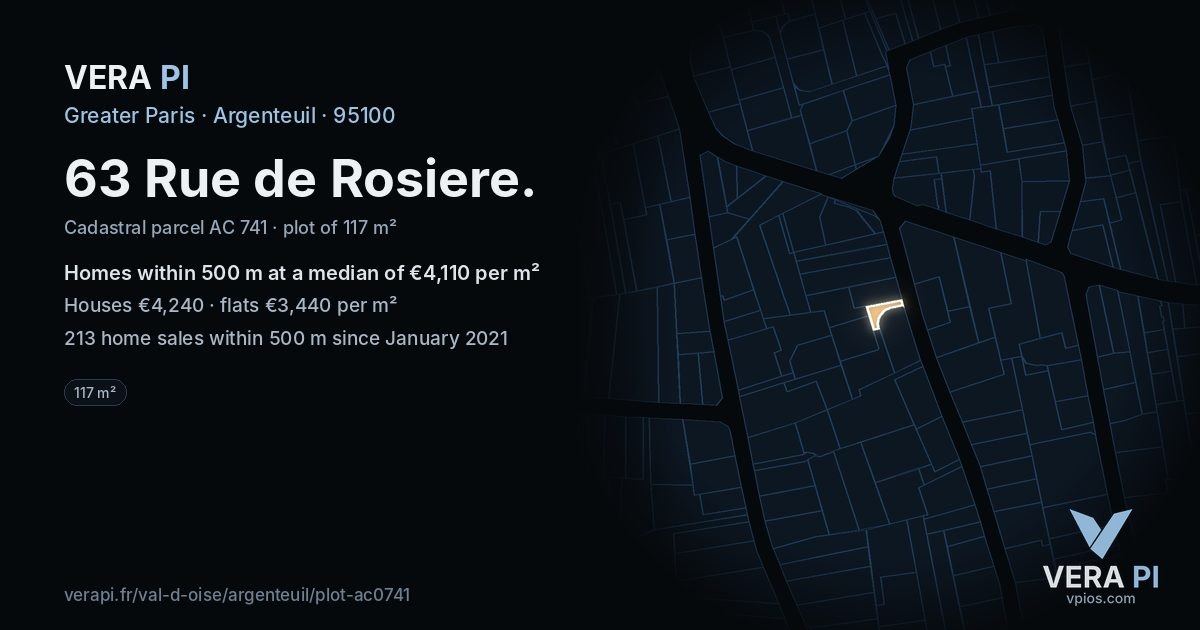 63 Rue de Rosiere, Argenteuil at night – the plot lit, the parcels around coloured by the prices near them
