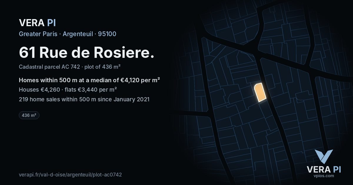 61 Rue de Rosiere, Argenteuil at night – the plot lit, the parcels around coloured by the prices near them