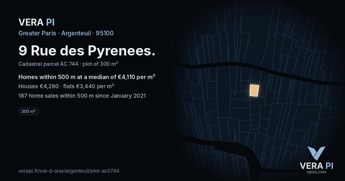 9 Rue des Pyrenees, Argenteuil at night – the plot lit, the parcels around coloured by the prices near them