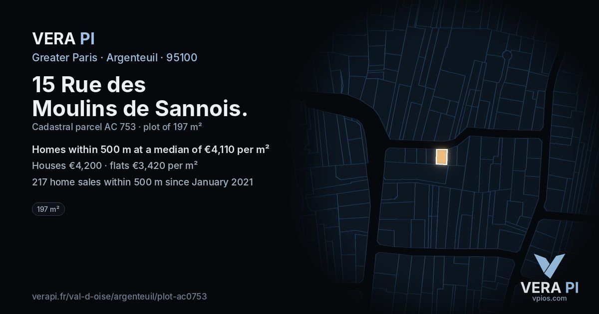 15 Rue des Moulins de Sannois, Argenteuil at night – the plot lit, the parcels around coloured by the prices near them