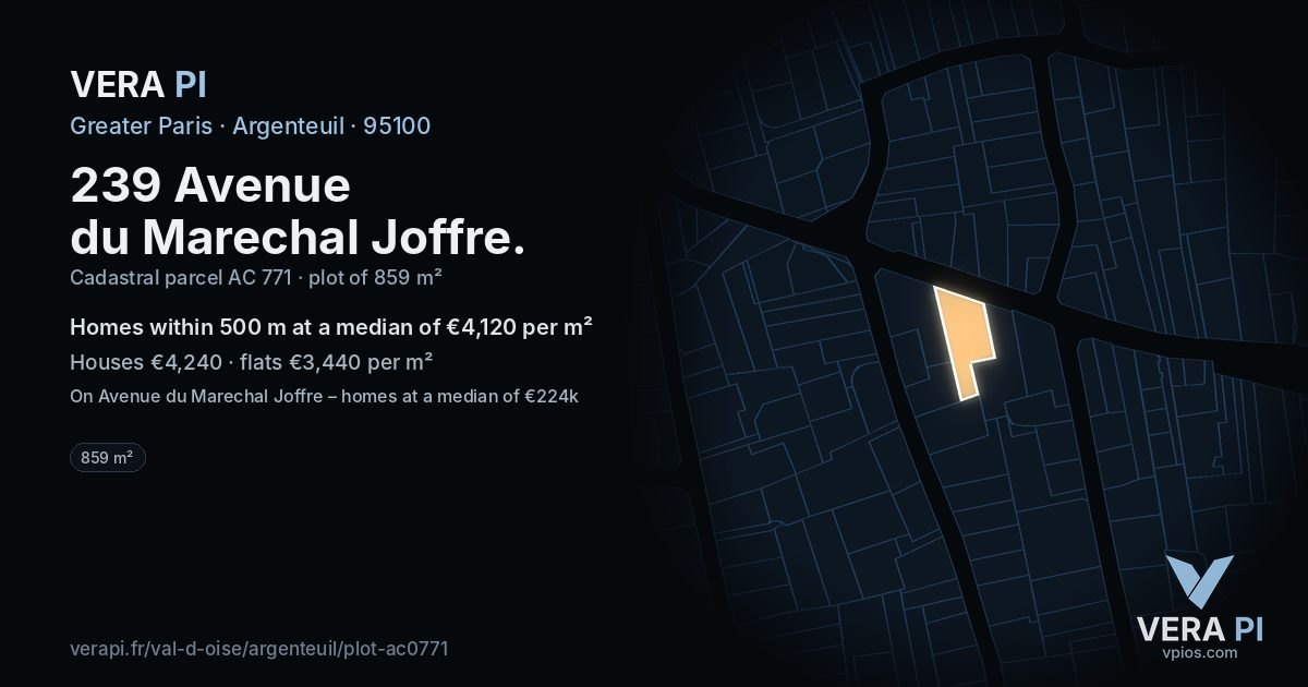 239 Avenue du Marechal Joffre, Argenteuil at night – the plot lit, the parcels around coloured by the prices near them